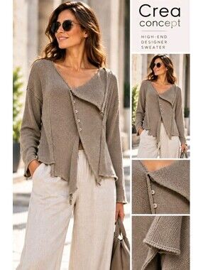 Crea Concept Women Size M Asymmetrical Buttons Gray Knit Sweater Long-Sleeve #X